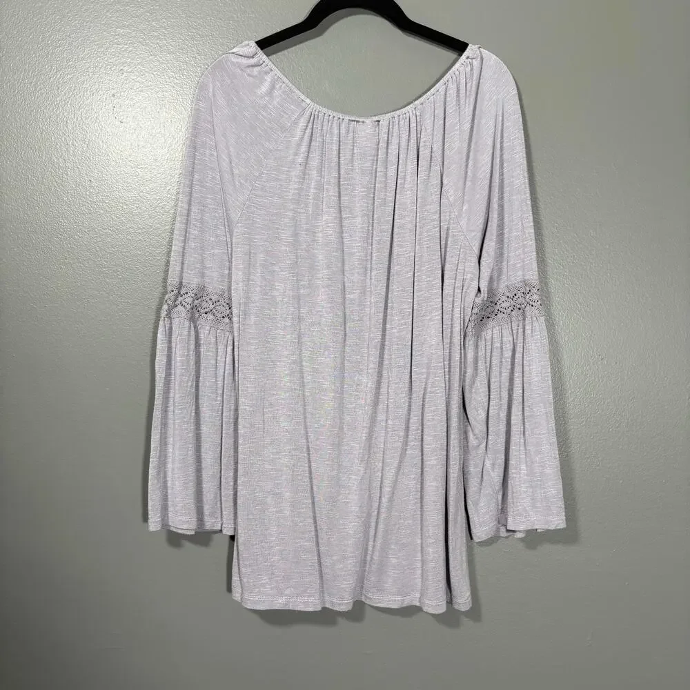 Tru Self Gray Crochet Lace Trim Boho Peasant Blouse - 1X - Women's Plus Size Top